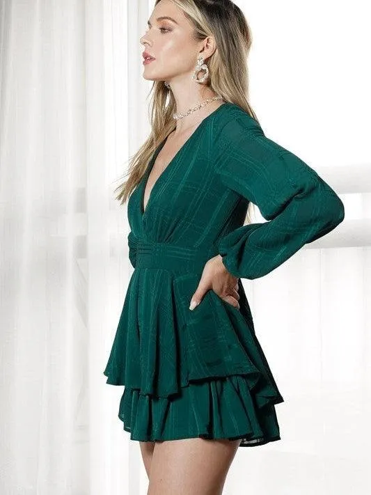 Green Goddess Long Sleeve Tiered MIni Romper