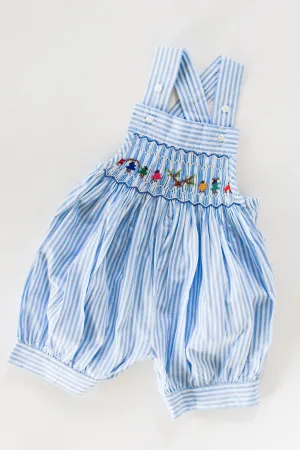 Hand-Smocked Romper Children Playing   Blue and White Stripe