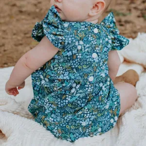 Infant Girl's Blue and Yellow Rifle Paper Floral Ruffle Cotton Bubble Romper