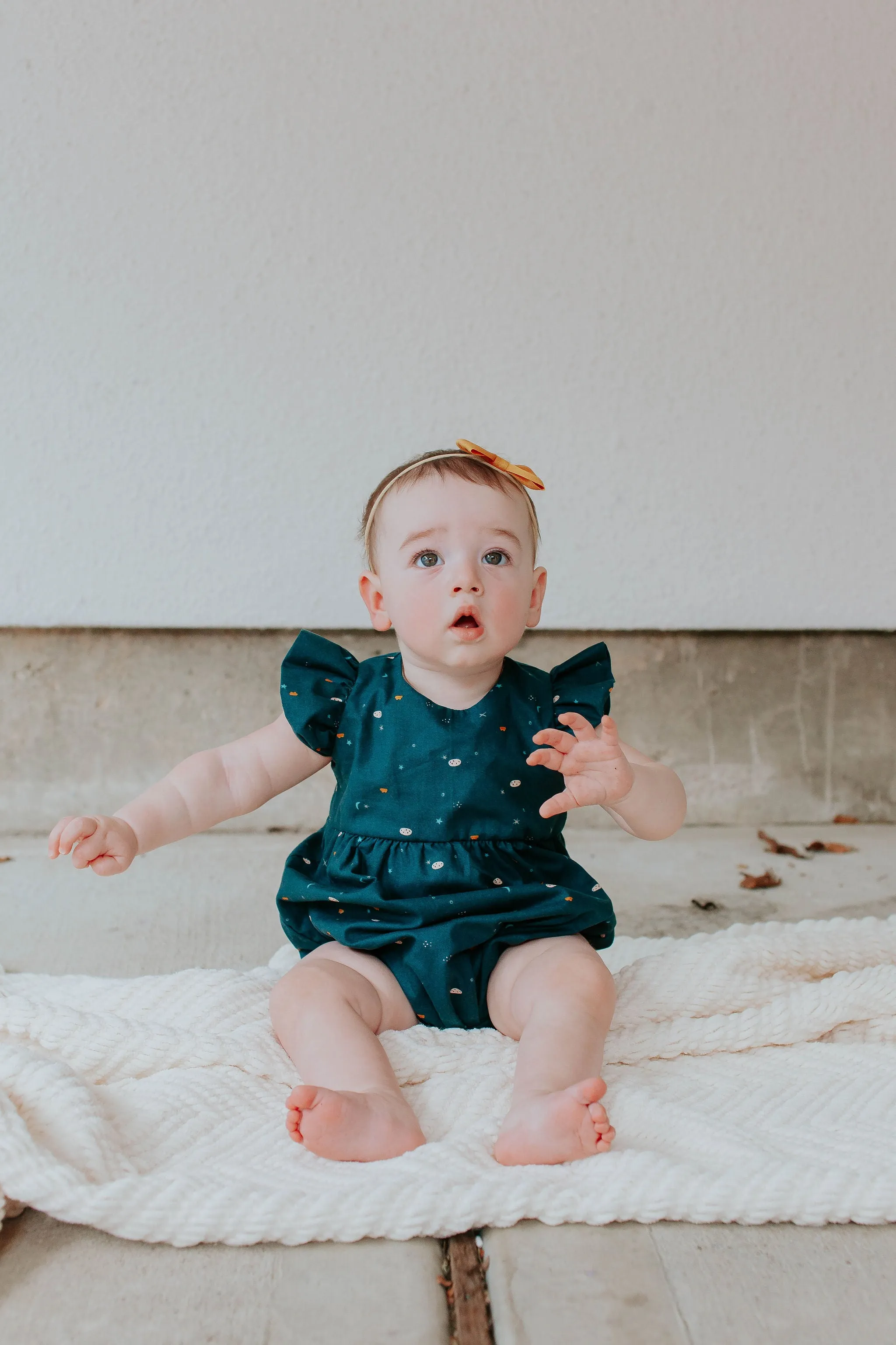 Infant Girl's Navy Stargazing Print Ruffle Sleeve Bubble Romper