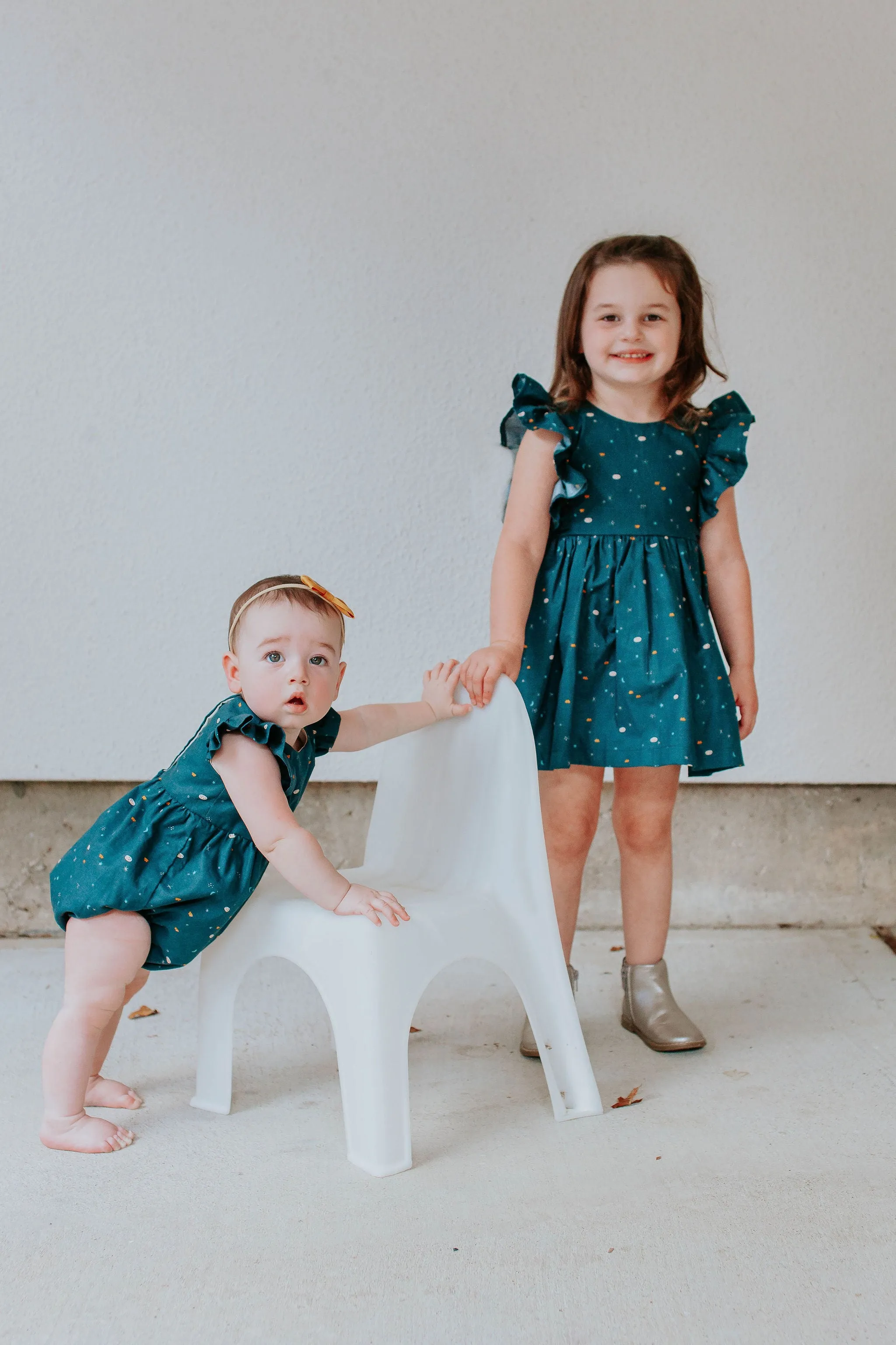 Infant Girl's Navy Stargazing Print Ruffle Sleeve Bubble Romper