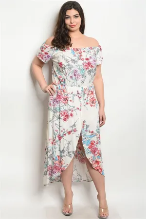 Ivory Floral Cold Shoulder Romper Maxi Dress