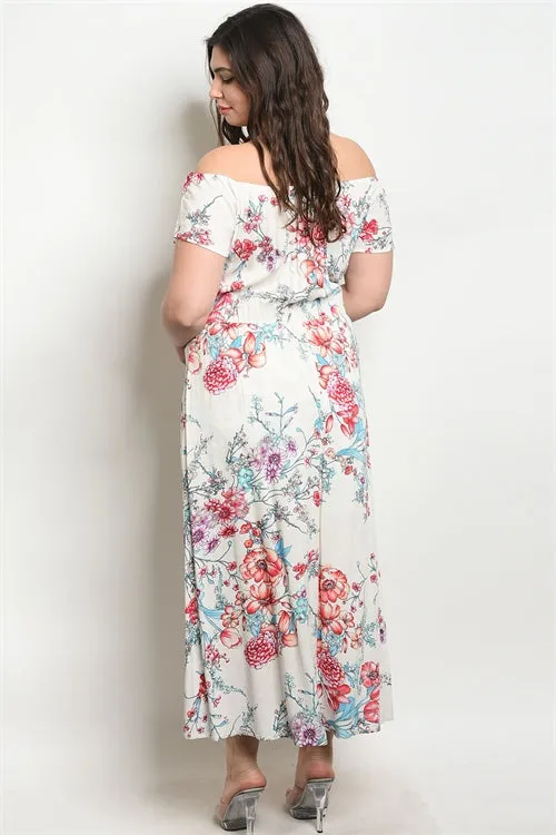 Ivory Floral Cold Shoulder Romper Maxi Dress