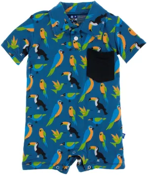 KicKee Pants Tropical Birds Polo Romper with Pocket