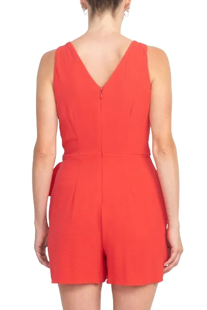 London Times V-Neck Sleeveless Pleated Tie Waist Zipper Back Solid Crepe Romper