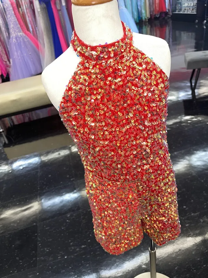 Marc Defang 5033 Size 4 RED Short Girls sequin Pageant Romper high neck fun fashion