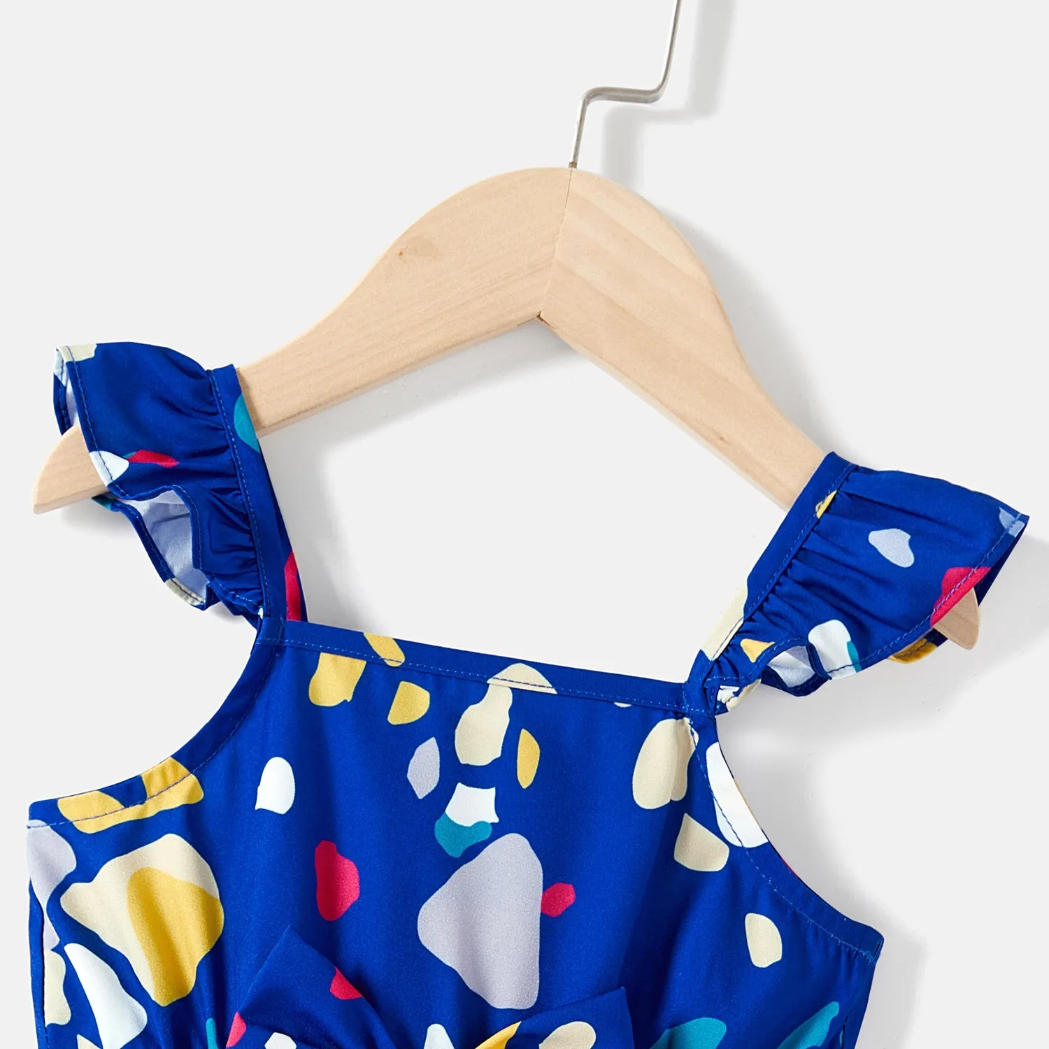 Mommy and Me Allover Geo Print Wrap Knot Side Ruffle Slip Dresses