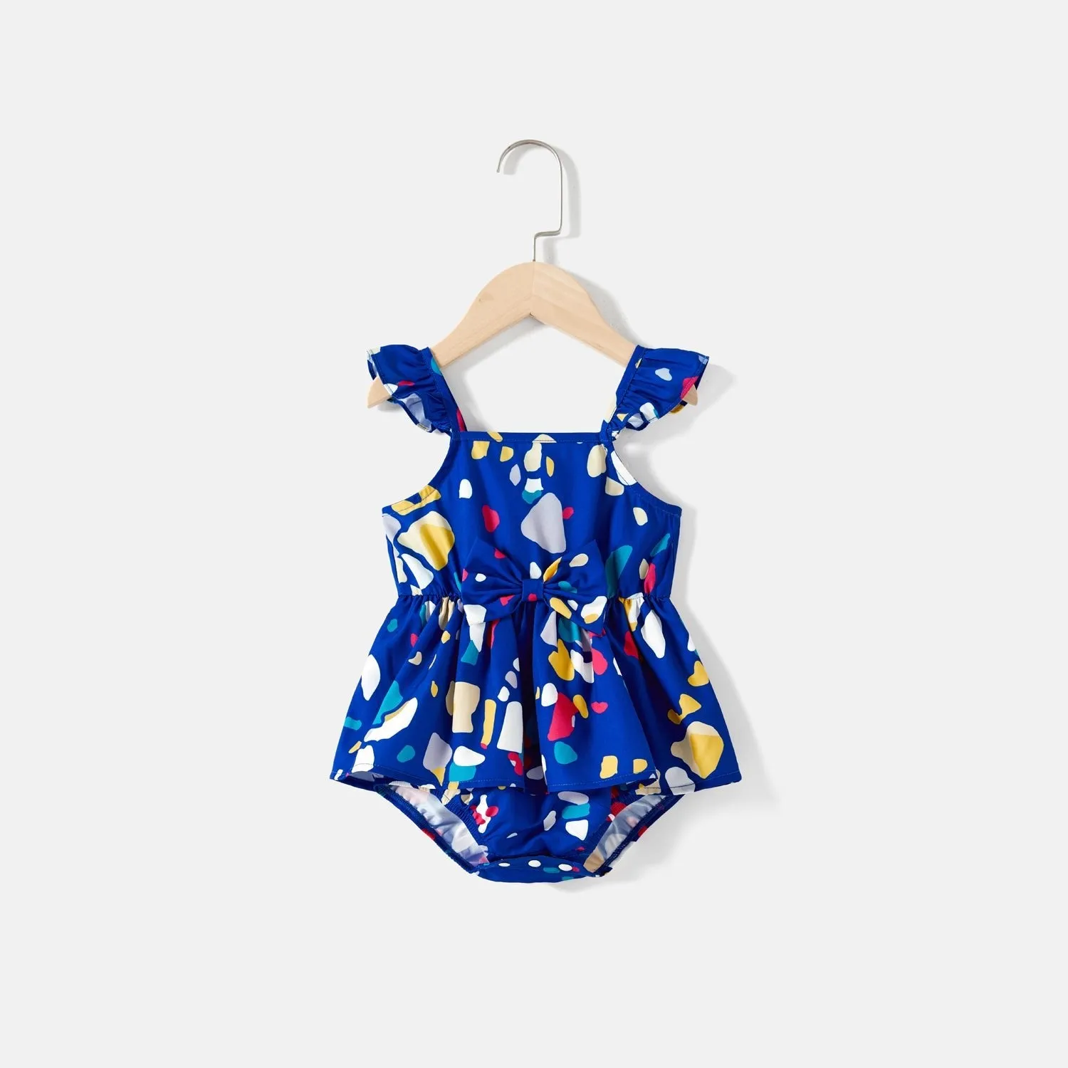 Mommy and Me Allover Geo Print Wrap Knot Side Ruffle Slip Dresses