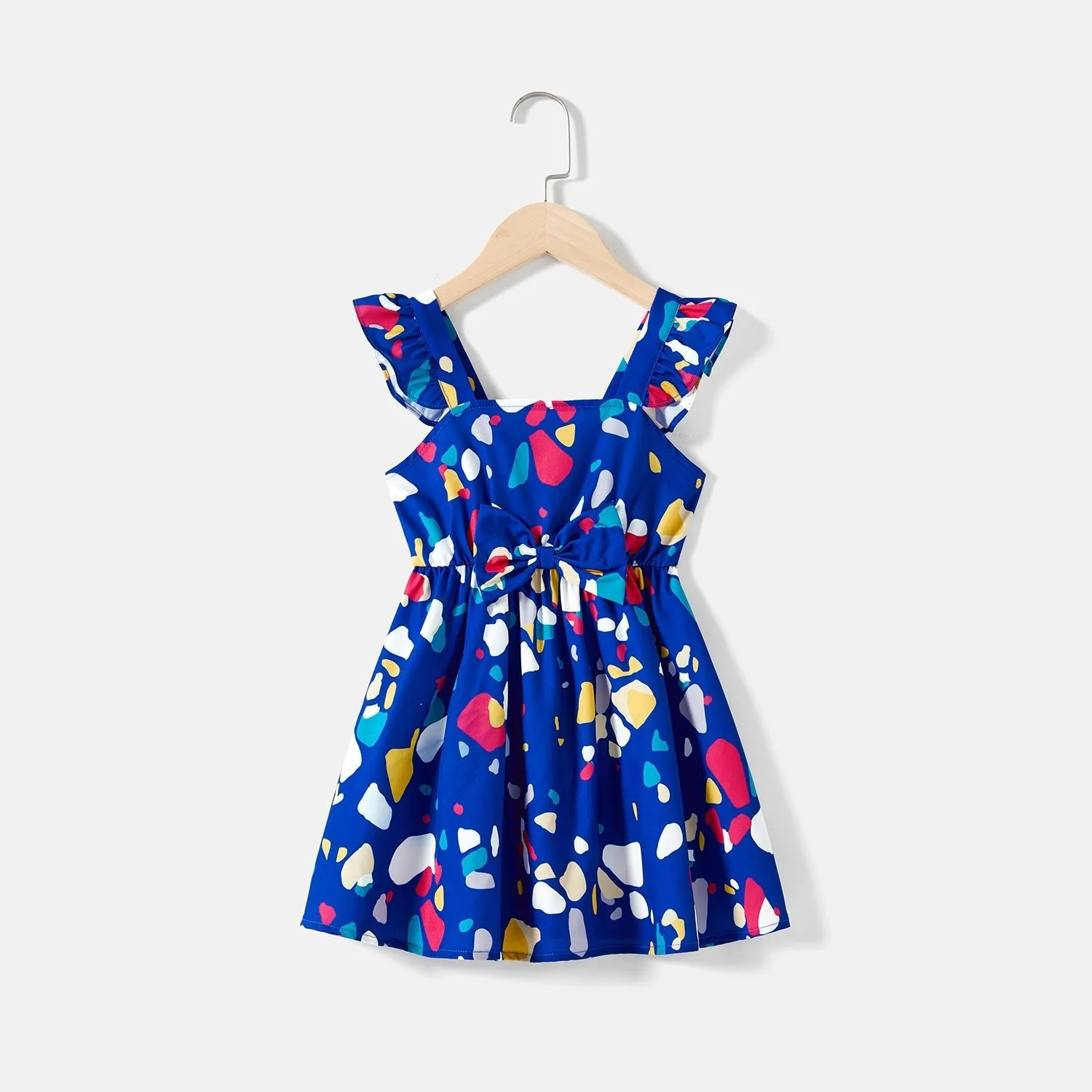 Mommy and Me Allover Geo Print Wrap Knot Side Ruffle Slip Dresses