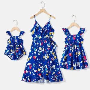Mommy and Me Allover Geo Print Wrap Knot Side Ruffle Slip Dresses