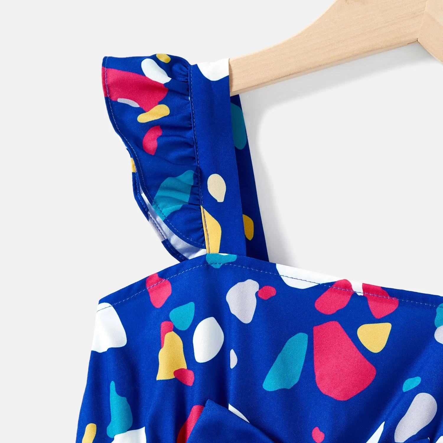 Mommy and Me Allover Geo Print Wrap Knot Side Ruffle Slip Dresses