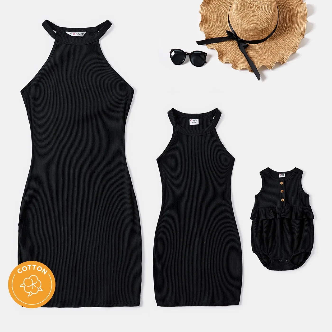 Mommy and Me Black Cotton Ribbed Halter Bodycon Dresses