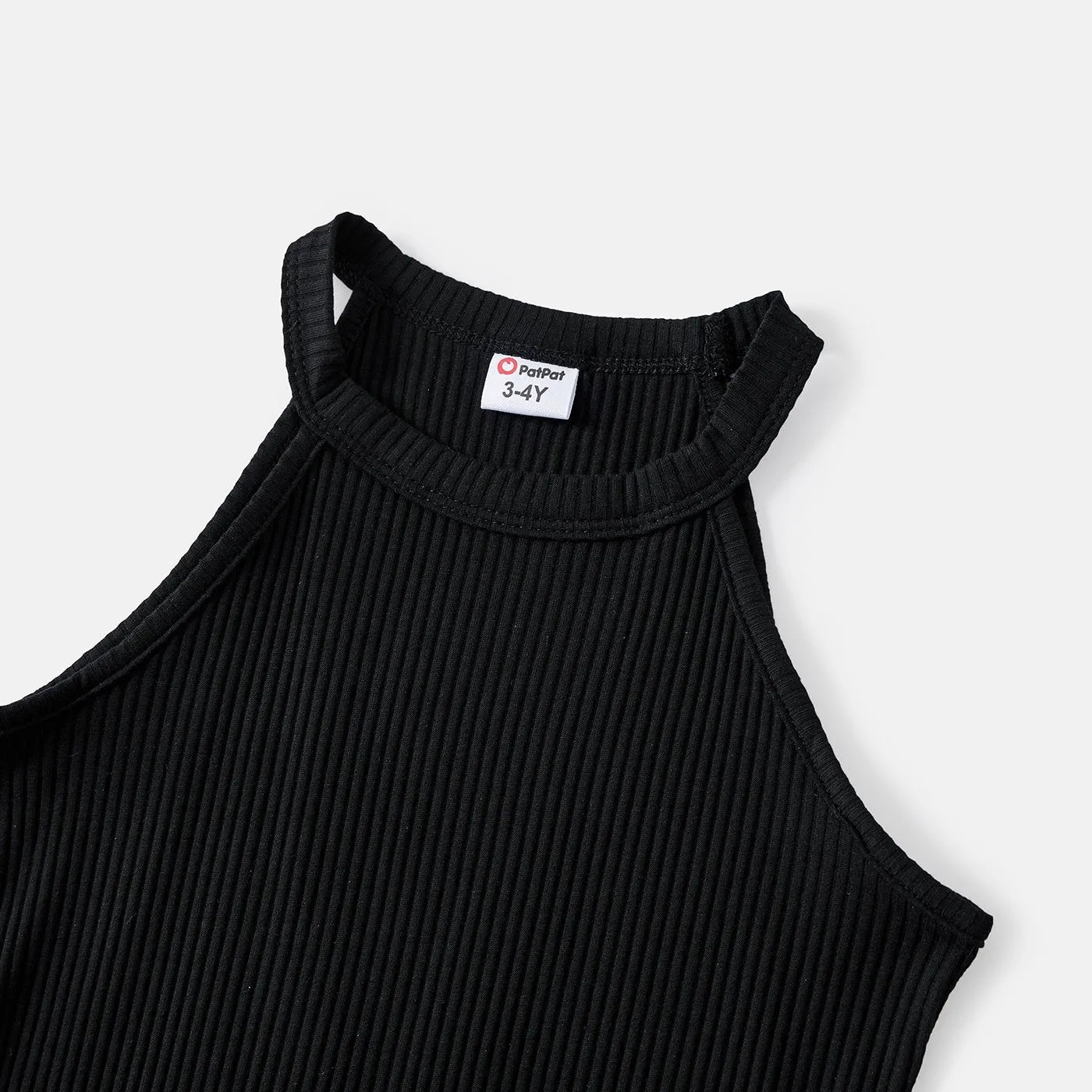 Mommy and Me Black Cotton Ribbed Halter Bodycon Dresses