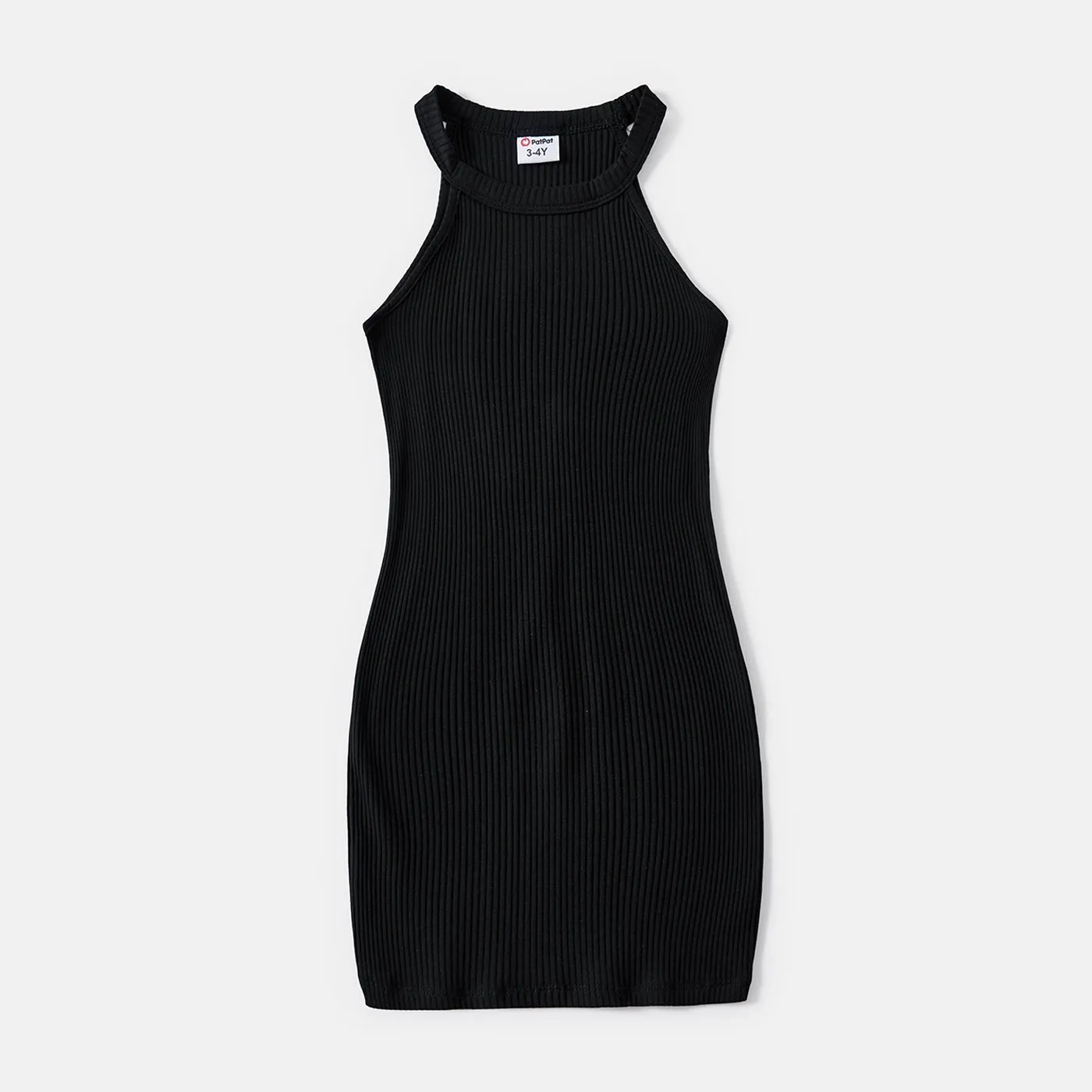 Mommy and Me Black Cotton Ribbed Halter Bodycon Dresses