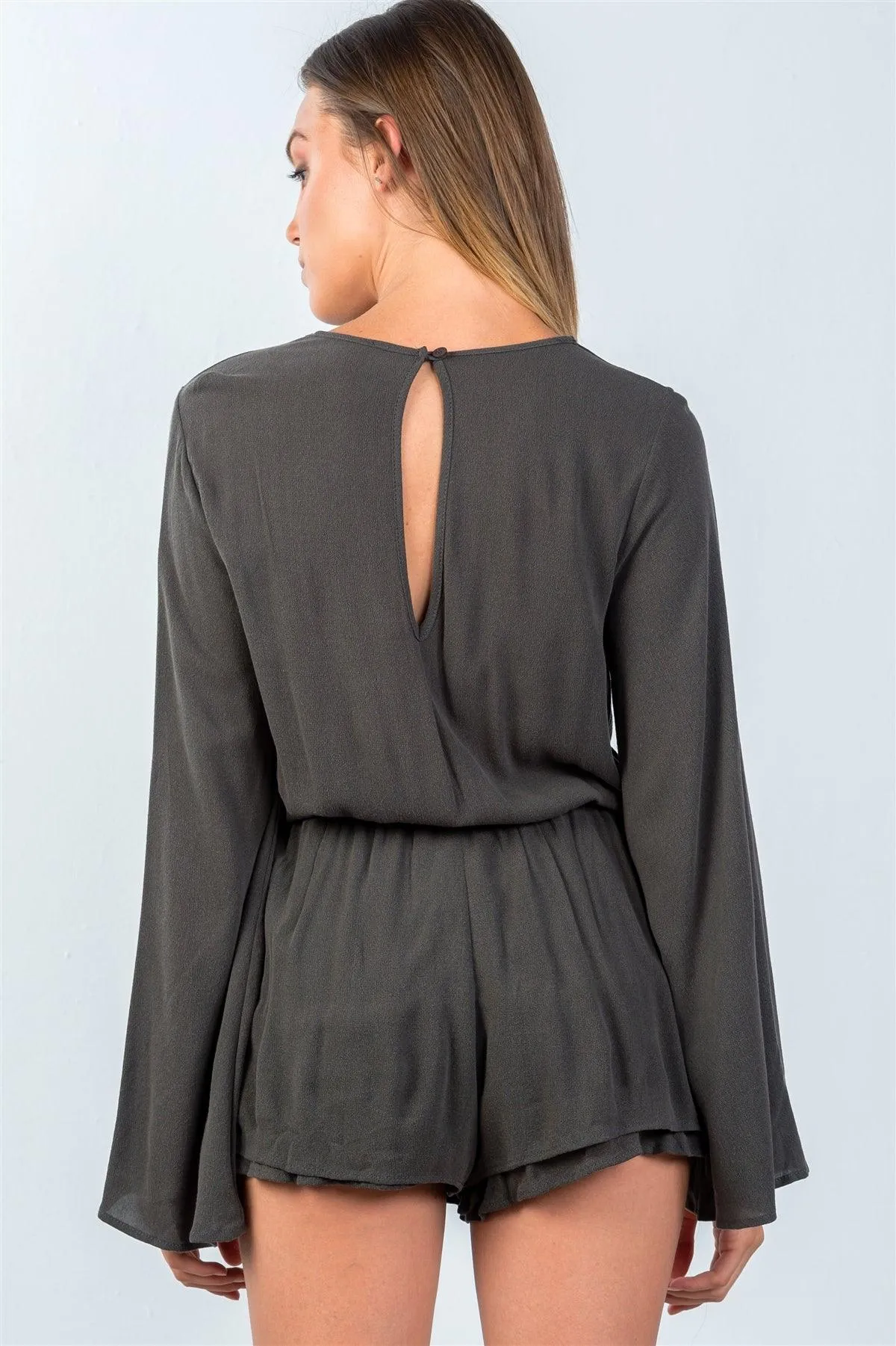 Olive Cowl-Neck Romper Bell Sleeves Romper