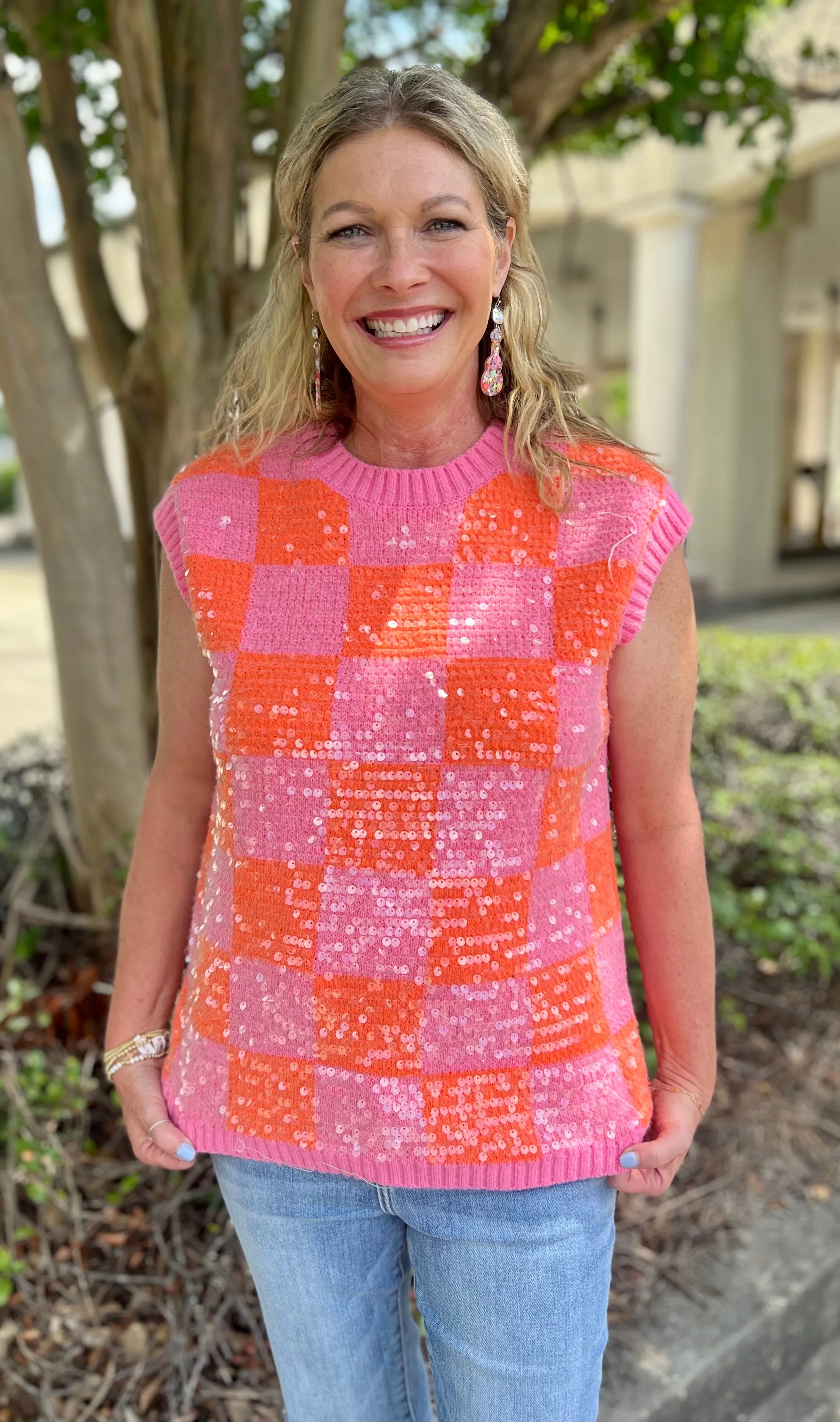 One Beating Heart Pink Mix Sequin Checker Sleeveless Sweater Vest