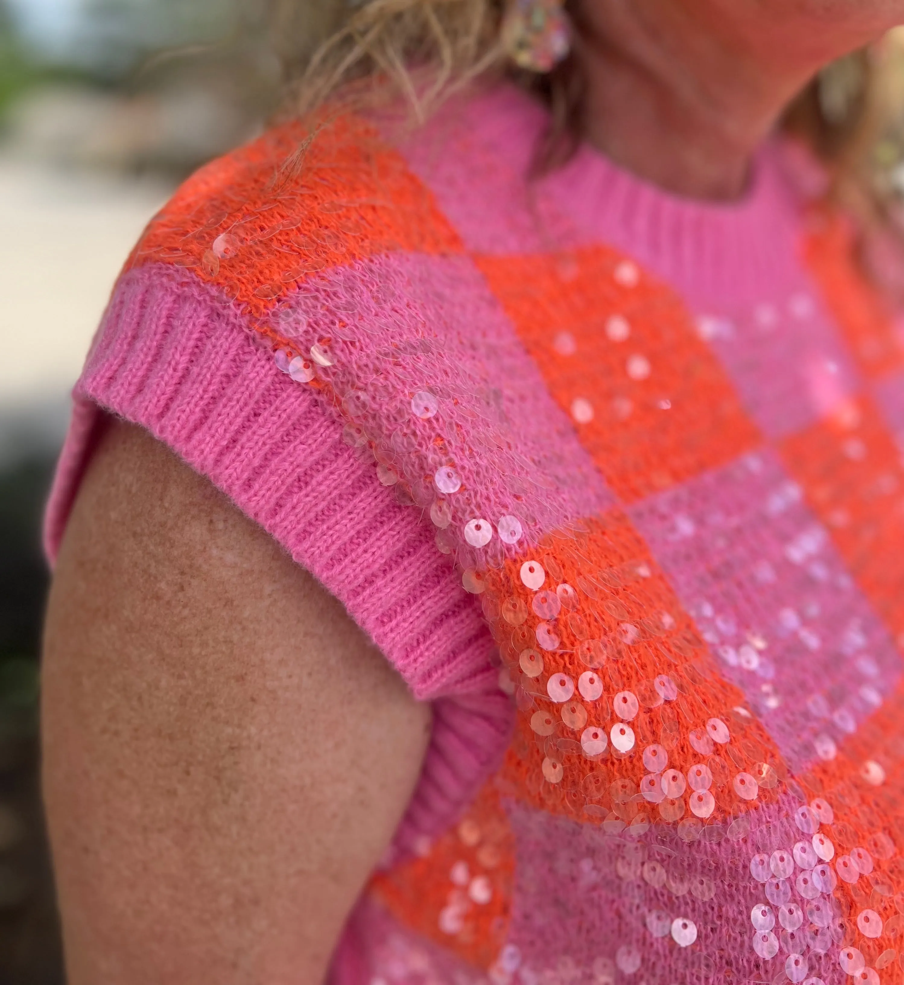 One Beating Heart Pink Mix Sequin Checker Sleeveless Sweater Vest