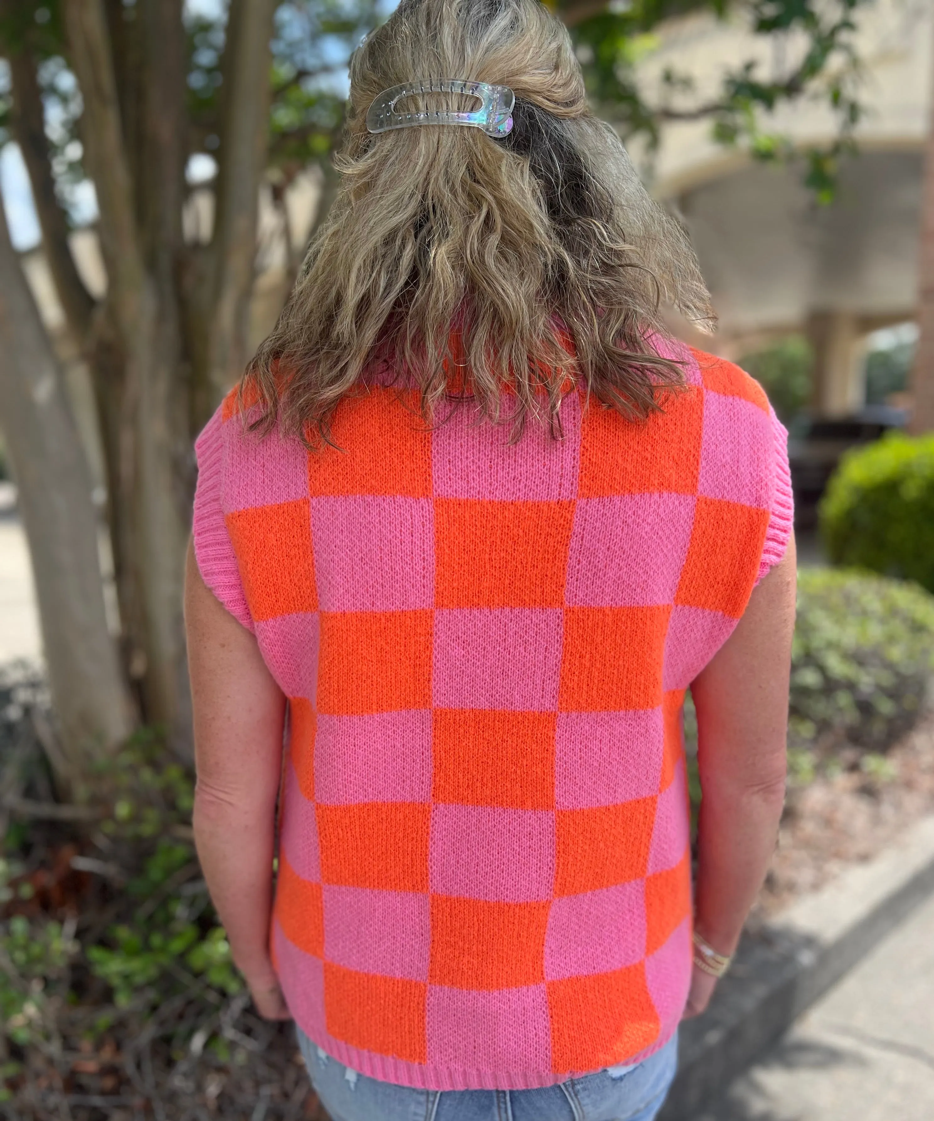 One Beating Heart Pink Mix Sequin Checker Sleeveless Sweater Vest
