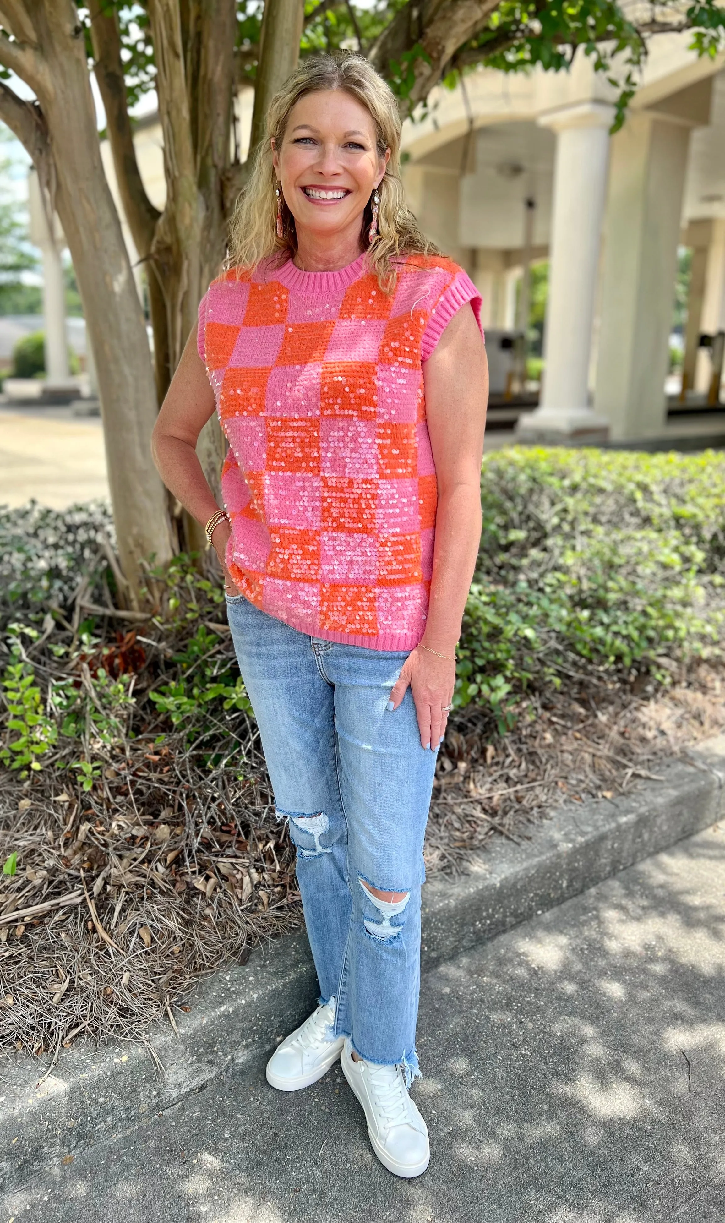 One Beating Heart Pink Mix Sequin Checker Sleeveless Sweater Vest