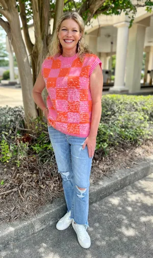 One Beating Heart Pink Mix Sequin Checker Sleeveless Sweater Vest