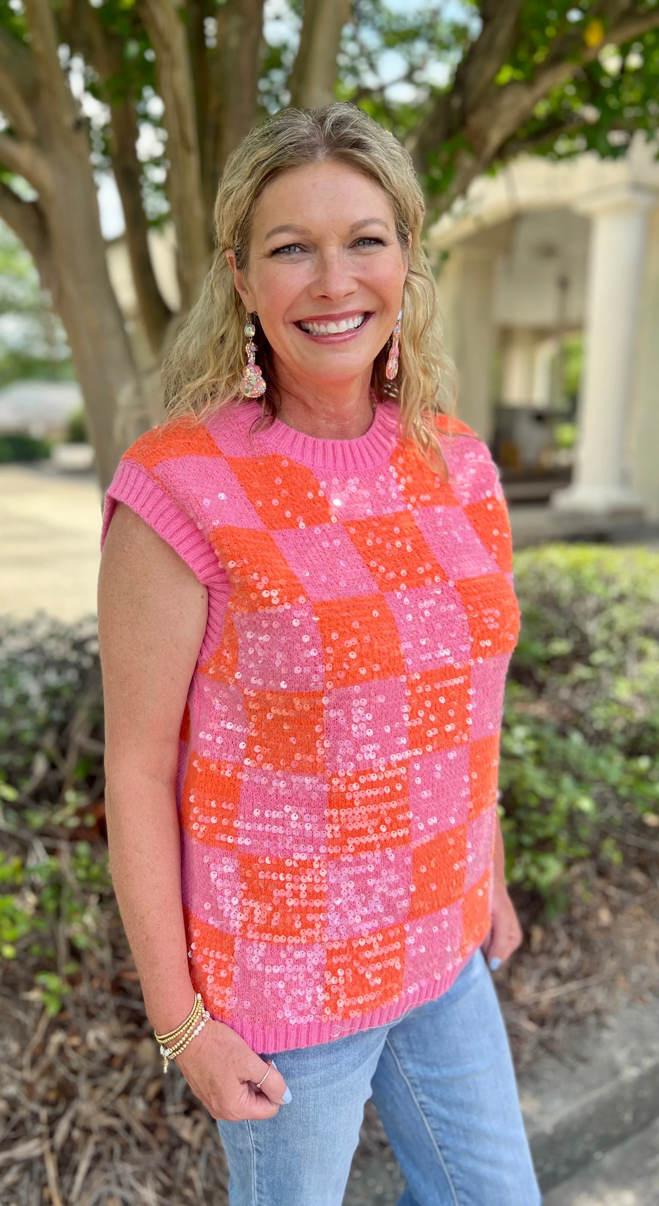 One Beating Heart Pink Mix Sequin Checker Sleeveless Sweater Vest