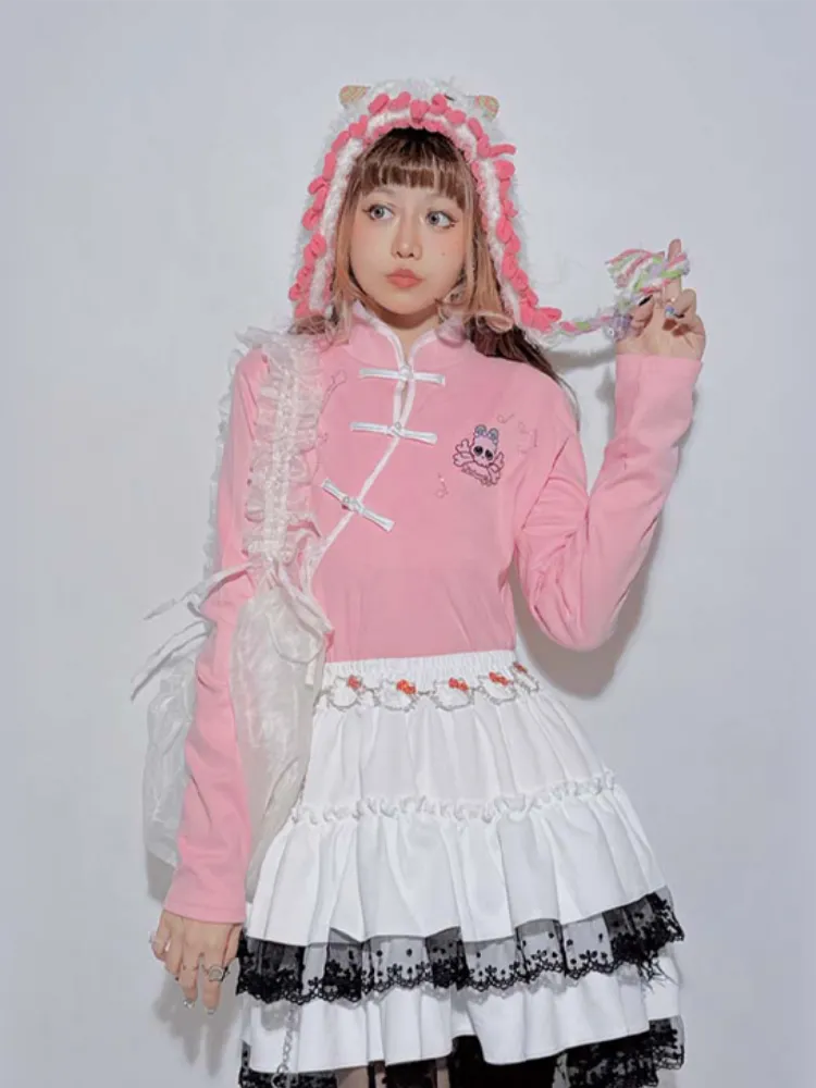 Pink Pastel Punk Skeleton Guitar-Shaped Rhinestones Top