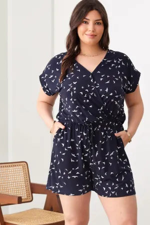 Plus Size Birds Print Short Sleeve Adjustable Belt Warp Romper