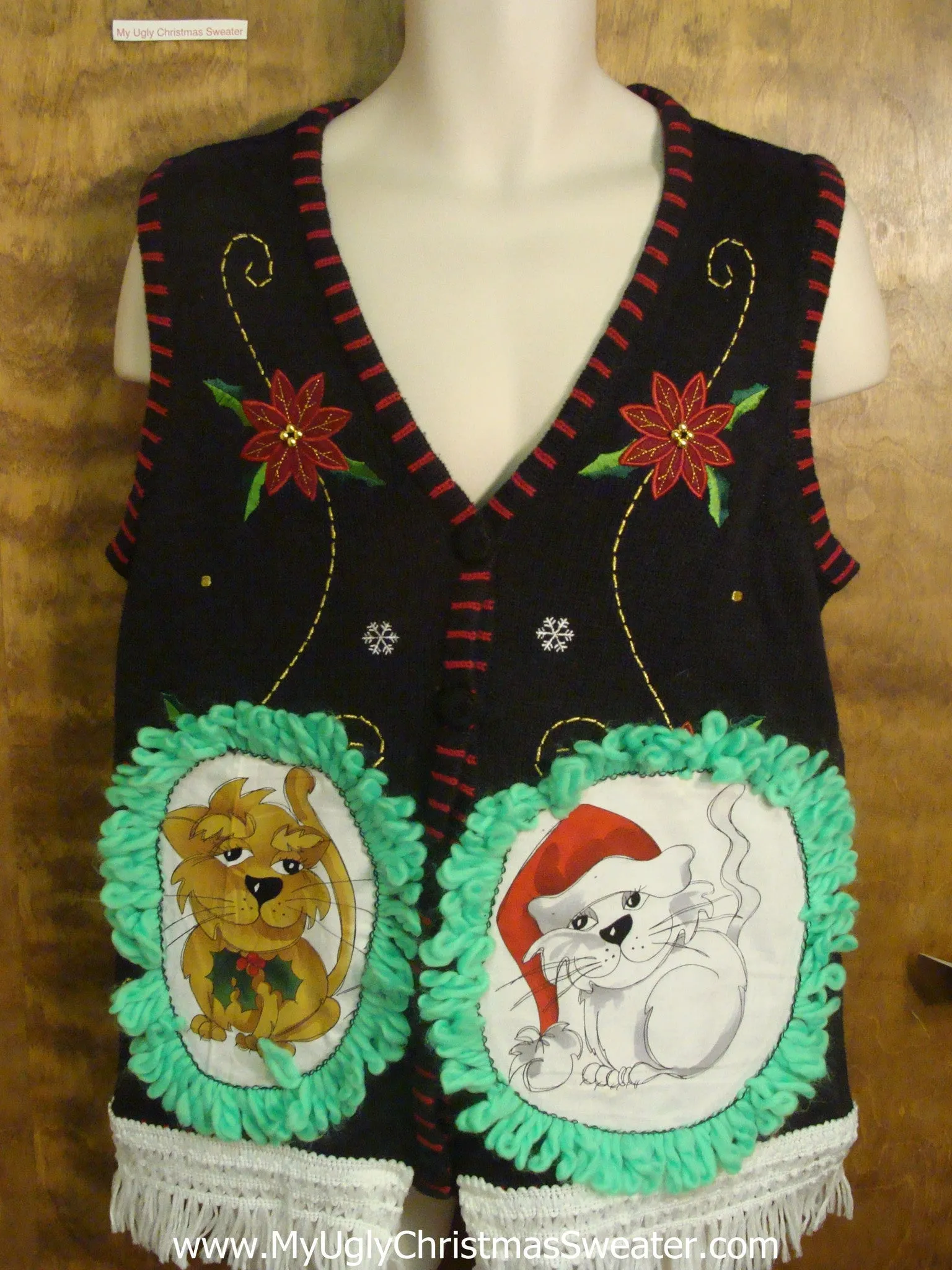 Poinsettias with Swirls Cat Christmas Sweater Vest
