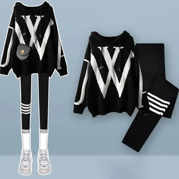 Preppy Letter Hooded Sweater Casual Pants Two Piece Set