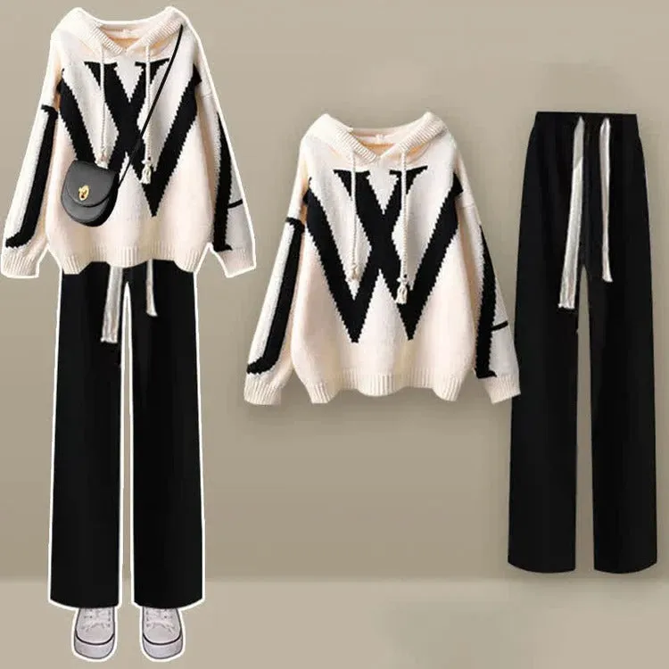 Preppy Letter Hooded Sweater Casual Pants Two Piece Set