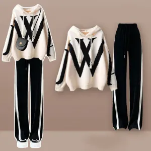 Preppy Letter Hooded Sweater Casual Pants Two Piece Set