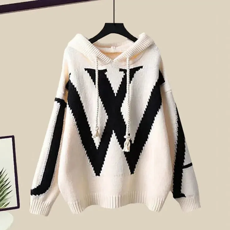 Preppy Letter Hooded Sweater Casual Pants Two Piece Set