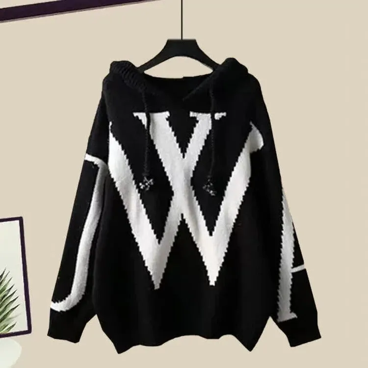 Preppy Letter Hooded Sweater Casual Pants Two Piece Set