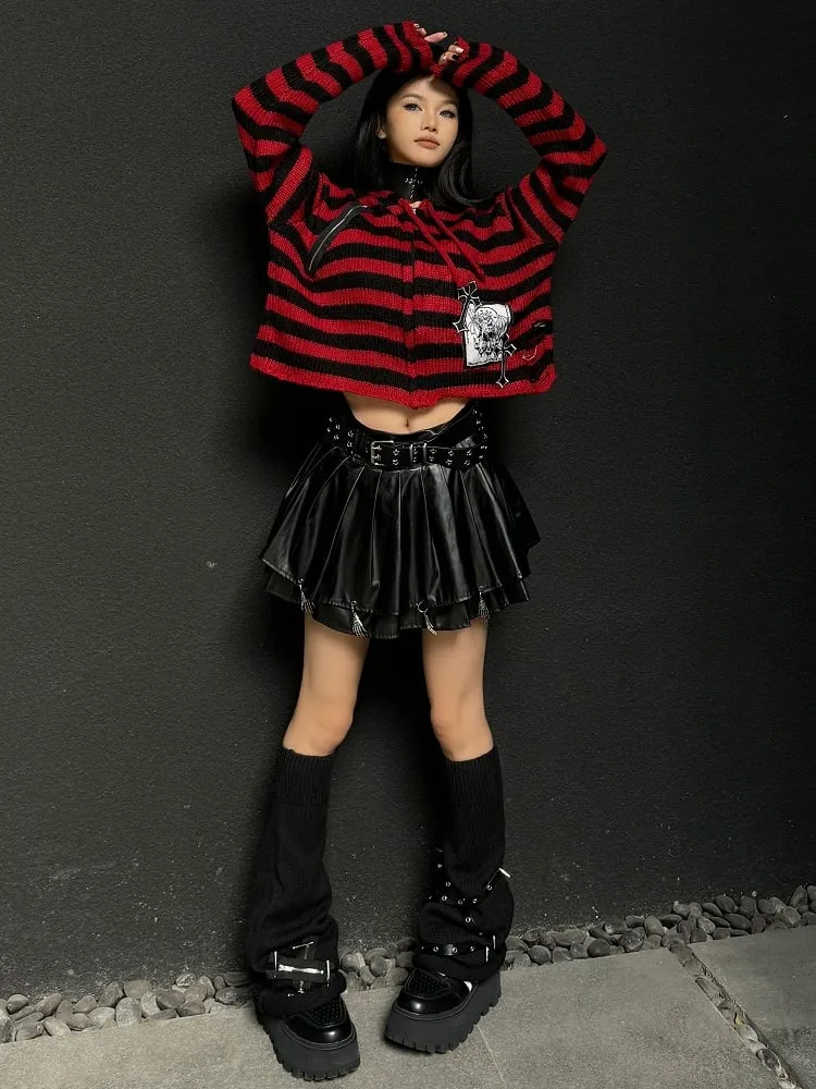 Punk Black Zippers and Criss-cross Straps Adorned Studs Knit Leg Warmers