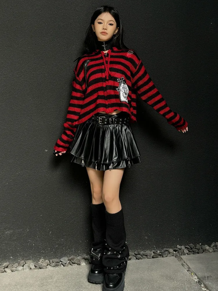 Punk Black Zippers and Criss-cross Straps Adorned Studs Knit Leg Warmers