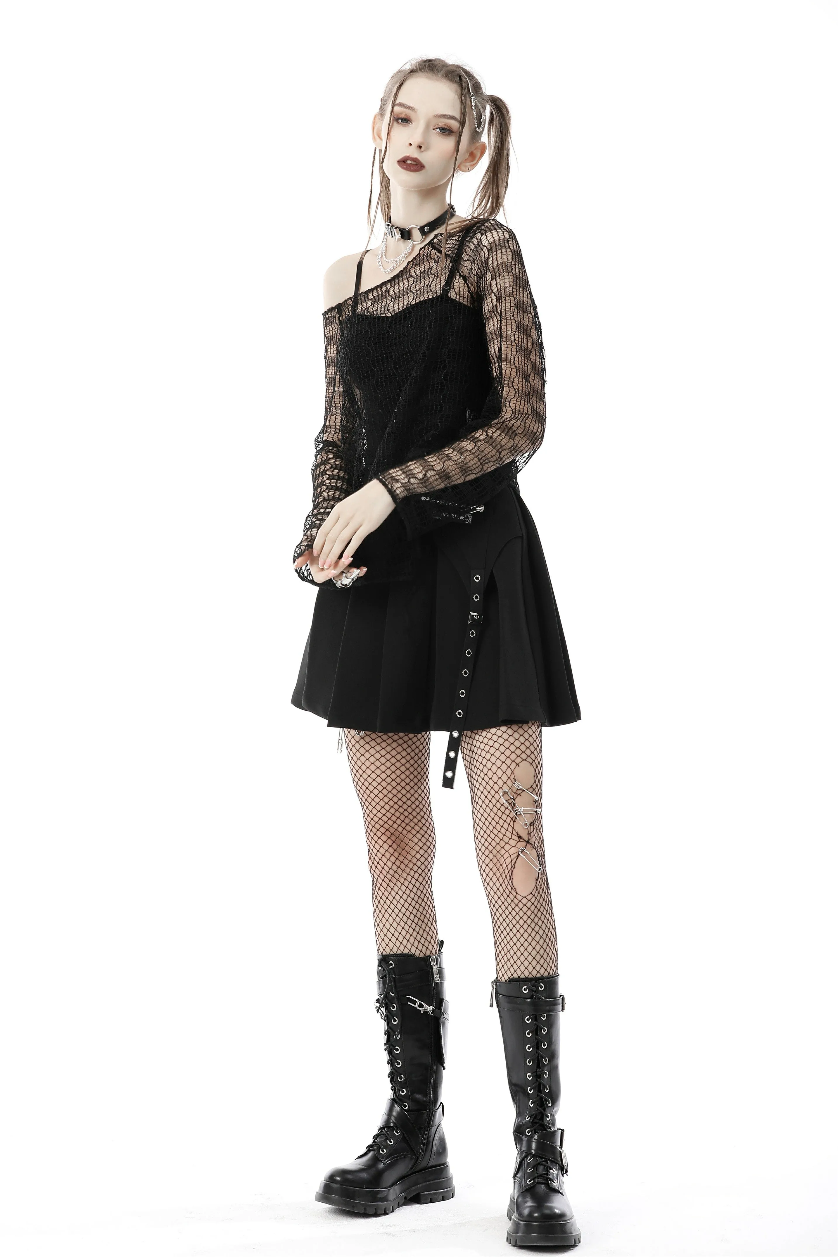 Punk decadent net sloping shoulder T-shirt TW400