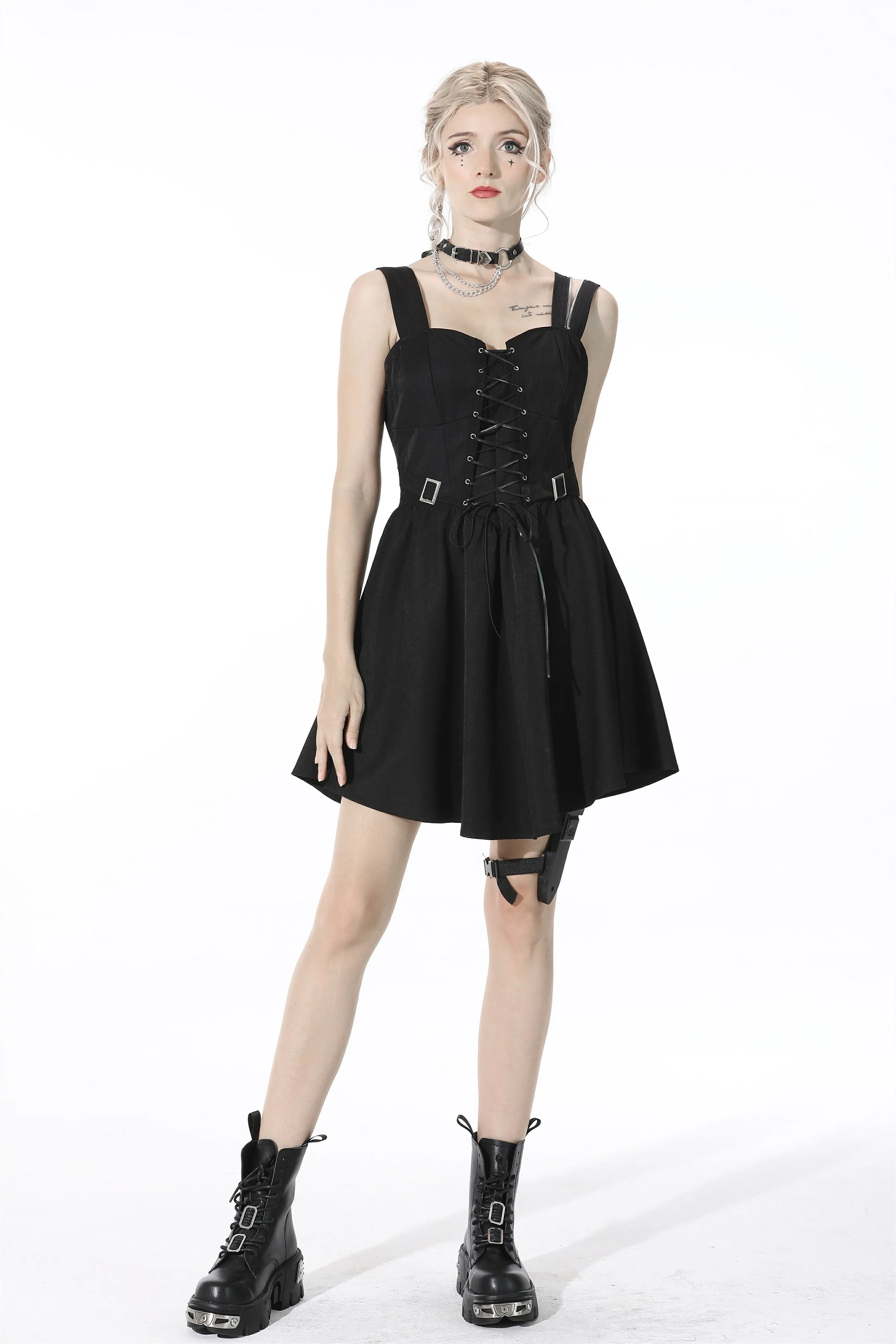 Punk lace up chest asymmetric strap dress DW530
