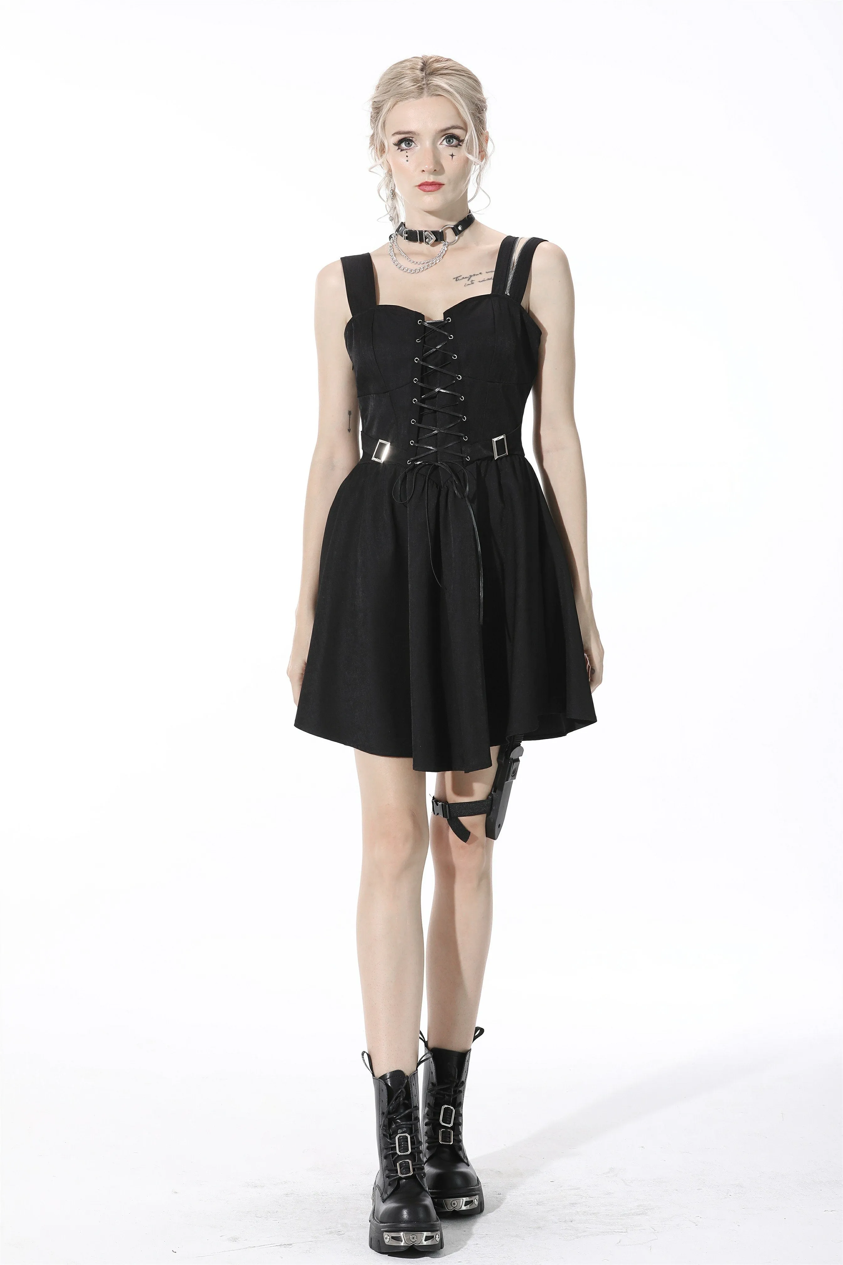Punk lace up chest asymmetric strap dress DW530