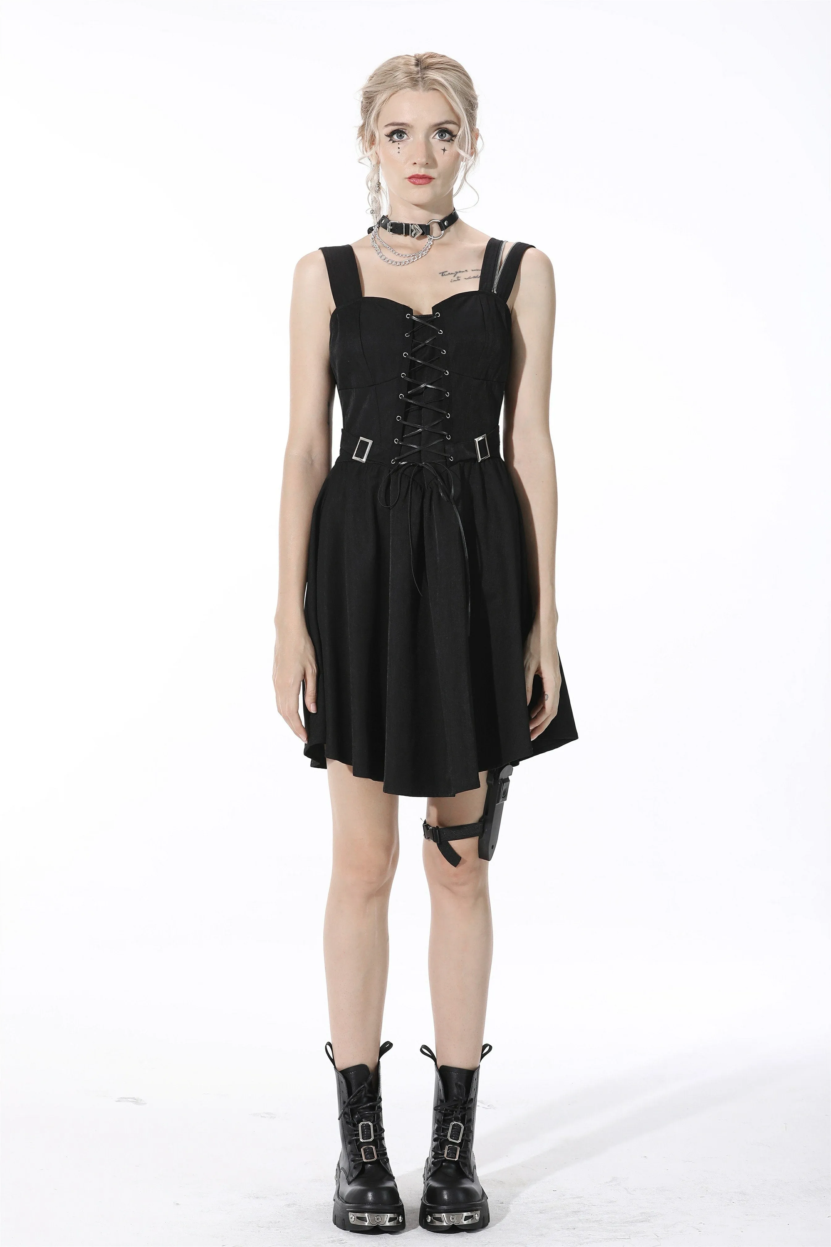 Punk lace up chest asymmetric strap dress DW530