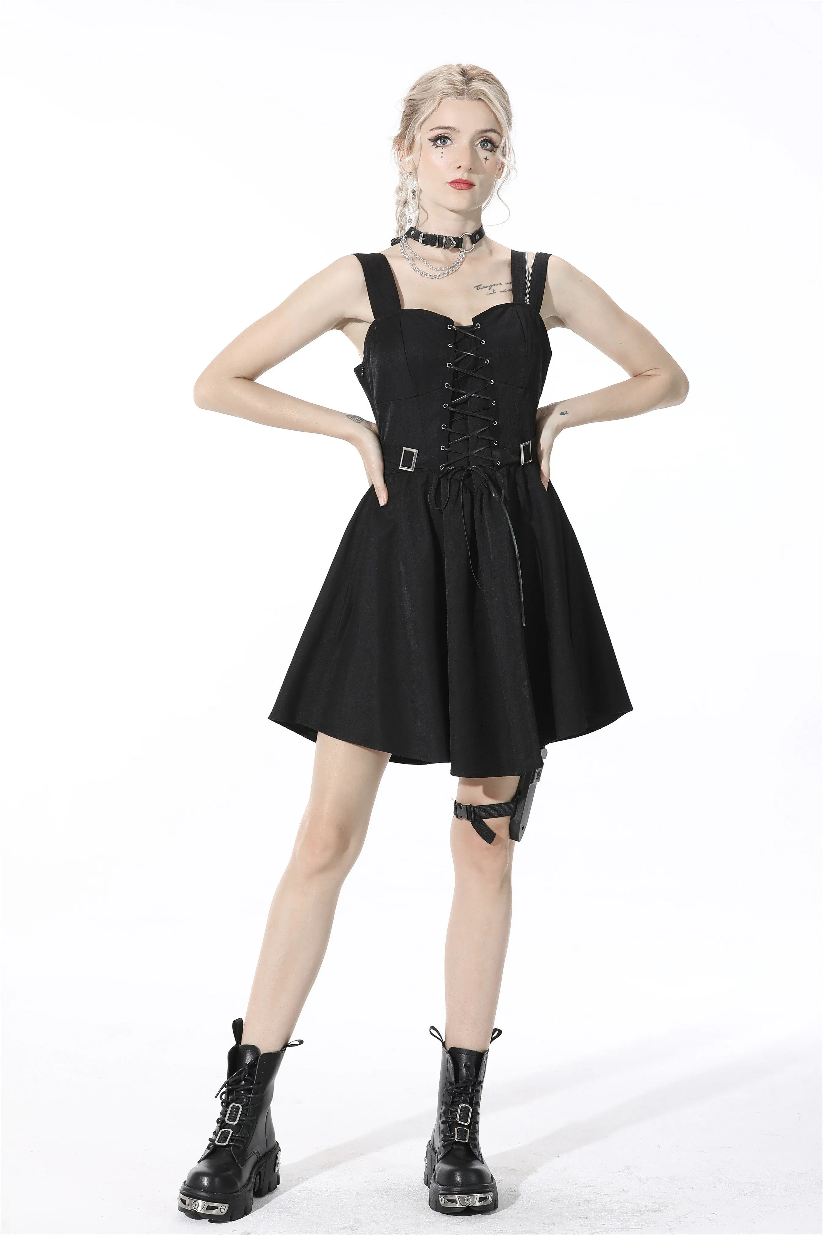 Punk lace up chest asymmetric strap dress DW530