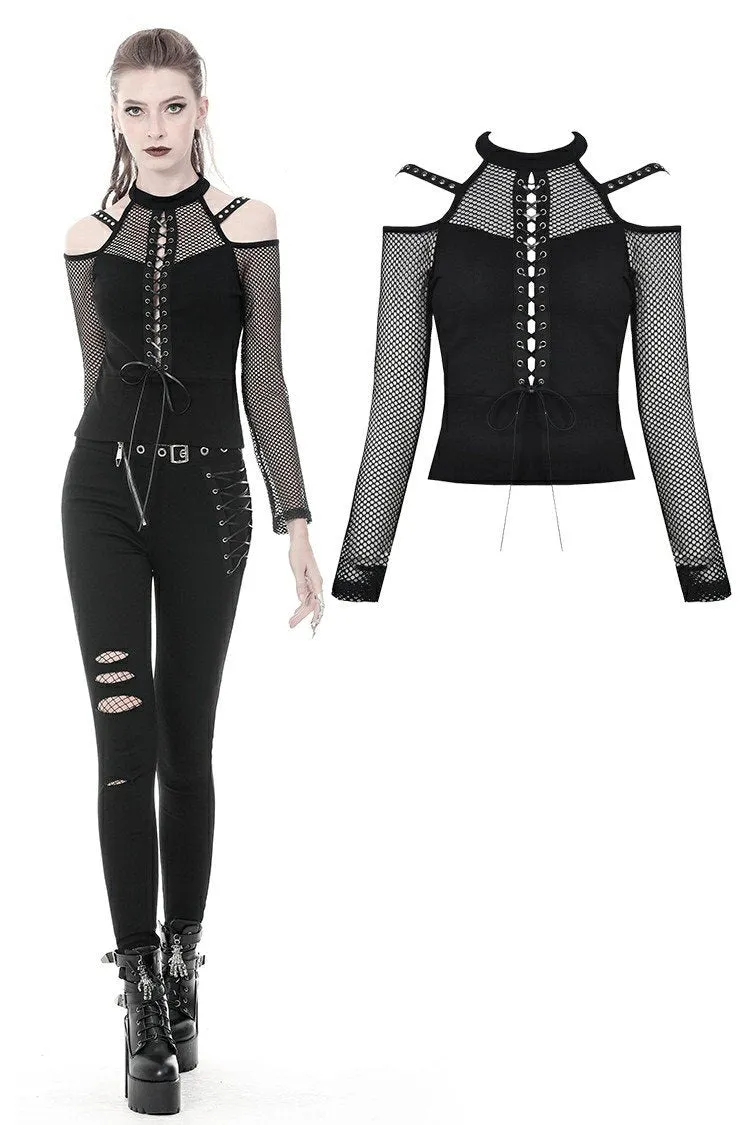 Punk lace-up front off-shoulders T-shirt with net long sleeves TW245