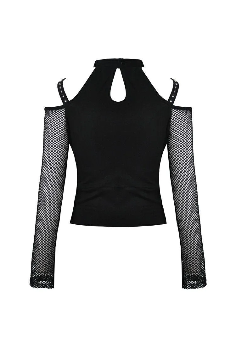 Punk lace-up front off-shoulders T-shirt with net long sleeves TW245