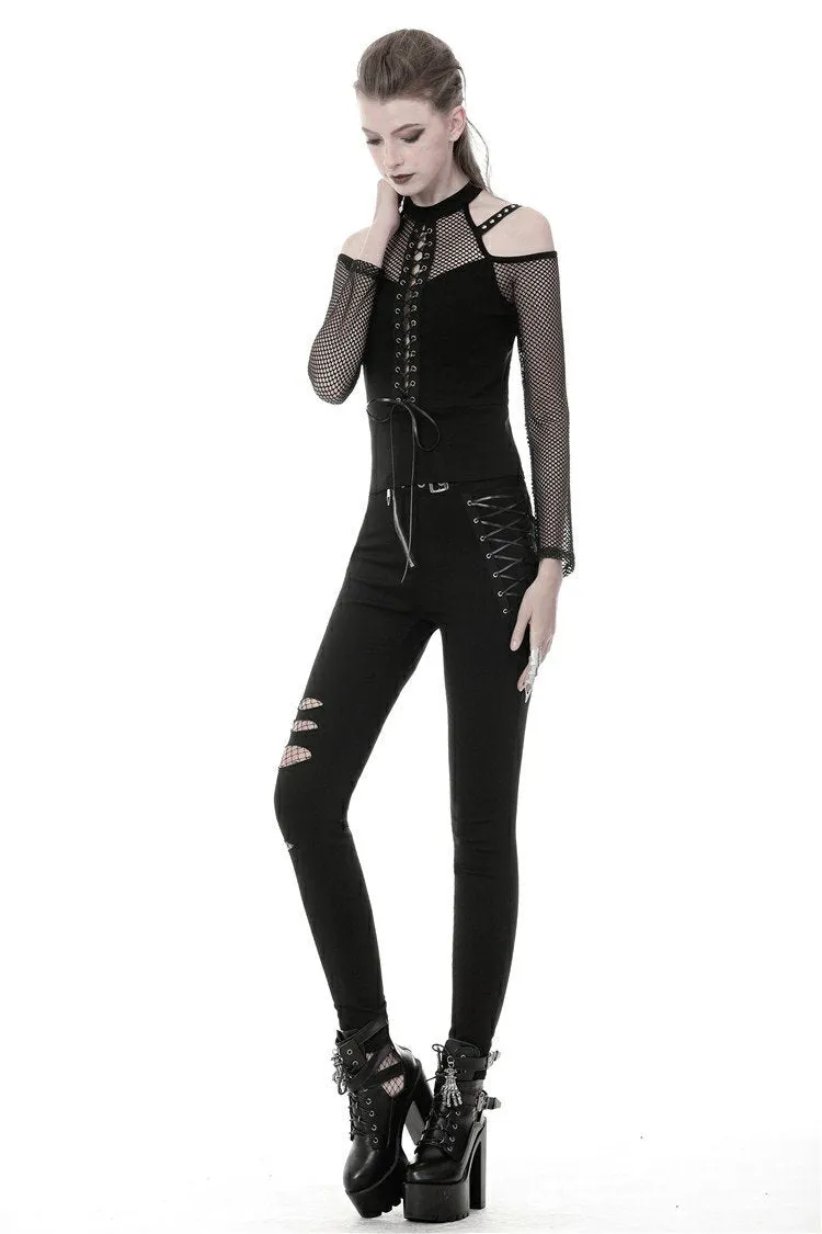 Punk lace-up front off-shoulders T-shirt with net long sleeves TW245