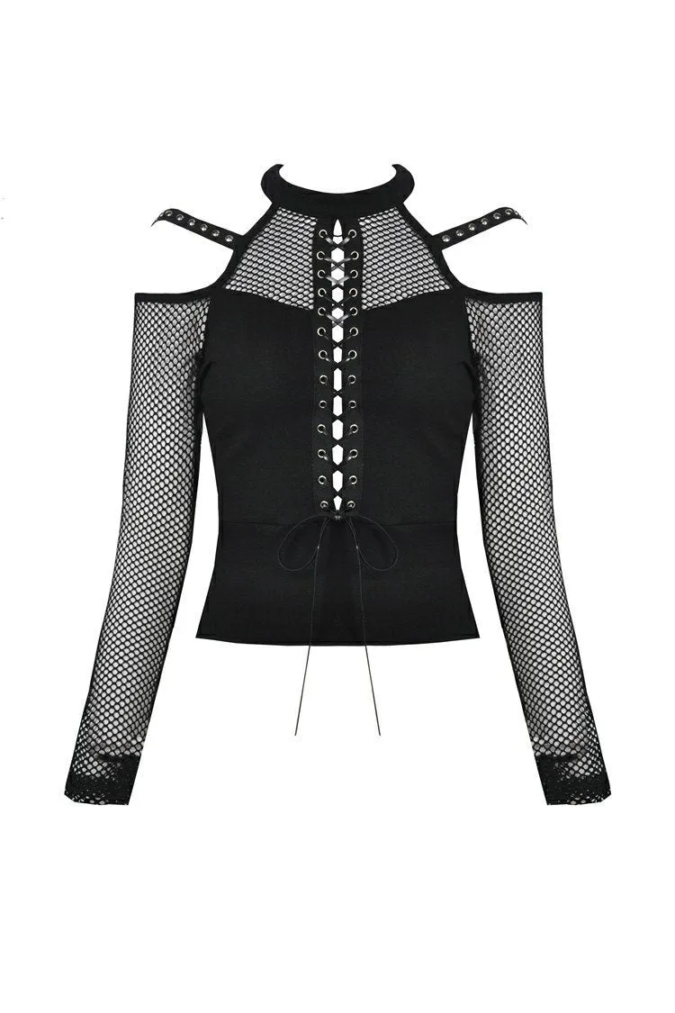 Punk lace-up front off-shoulders T-shirt with net long sleeves TW245