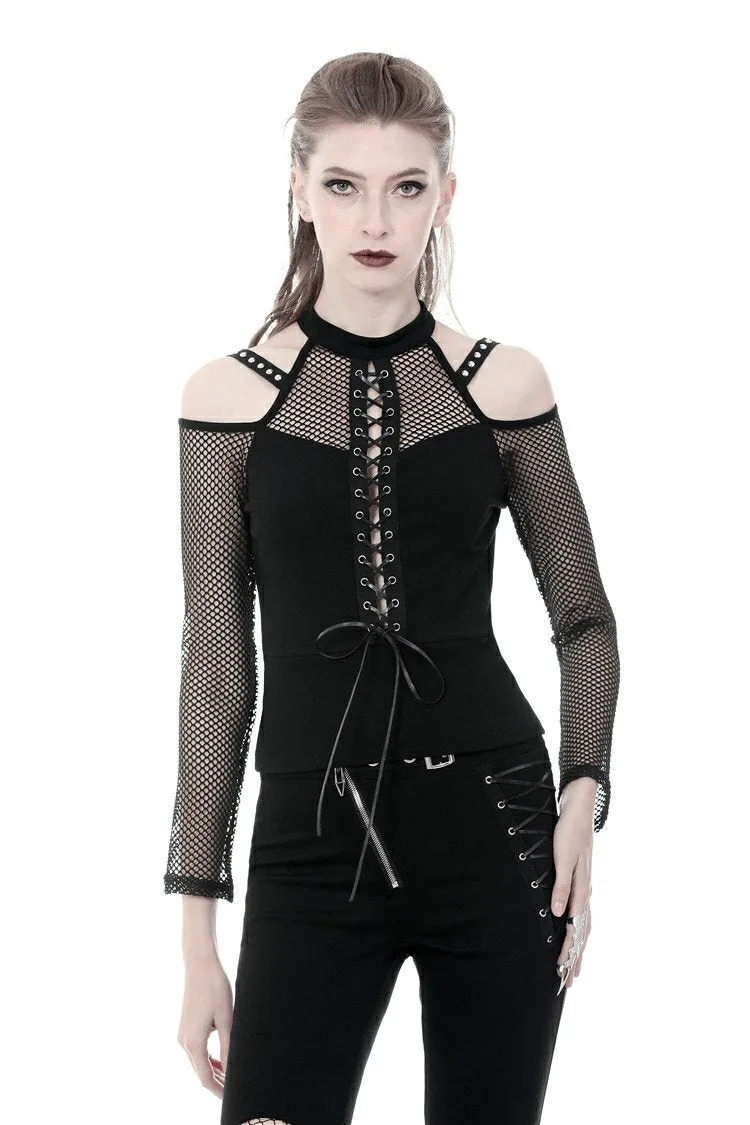 Punk lace-up front off-shoulders T-shirt with net long sleeves TW245