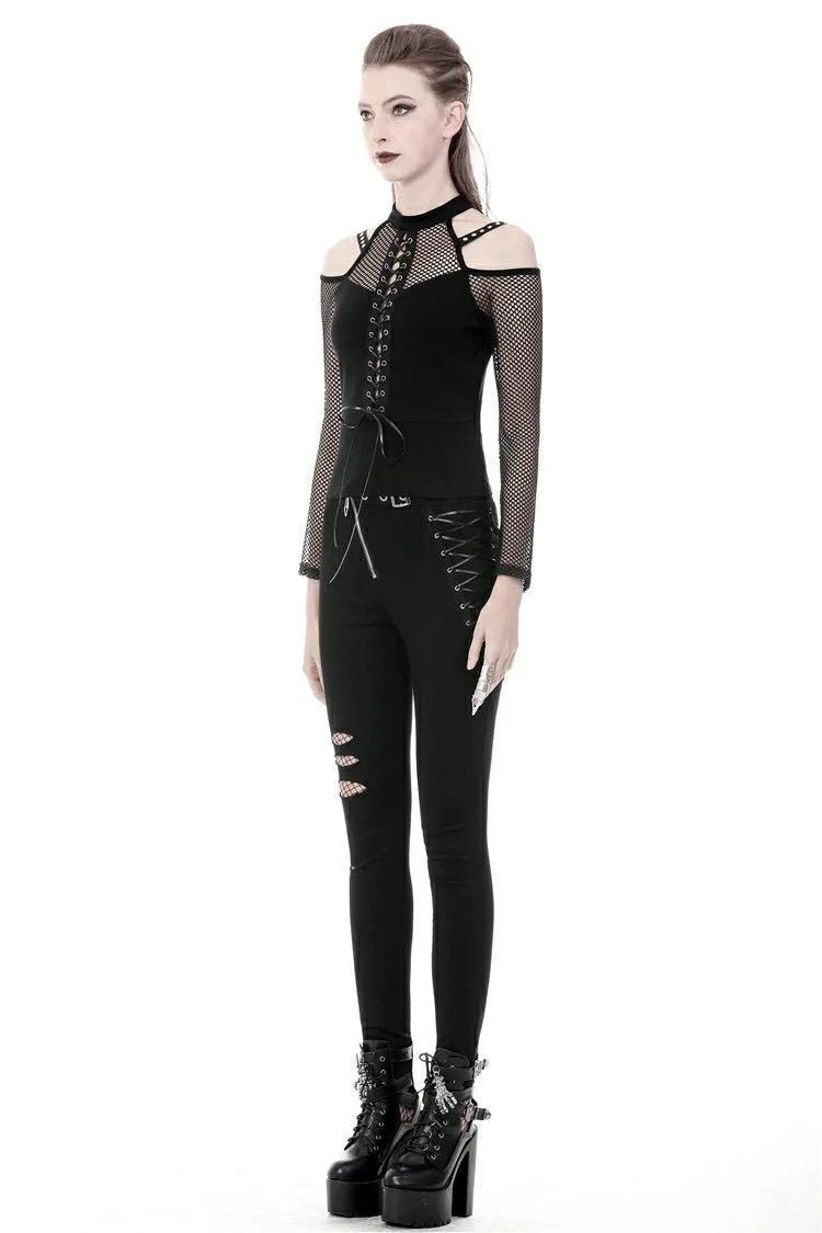 Punk lace-up front off-shoulders T-shirt with net long sleeves TW245