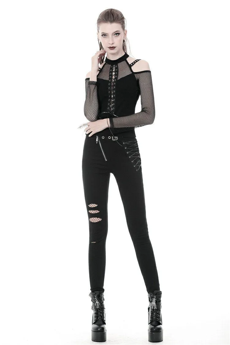 Punk lace-up front off-shoulders T-shirt with net long sleeves TW245