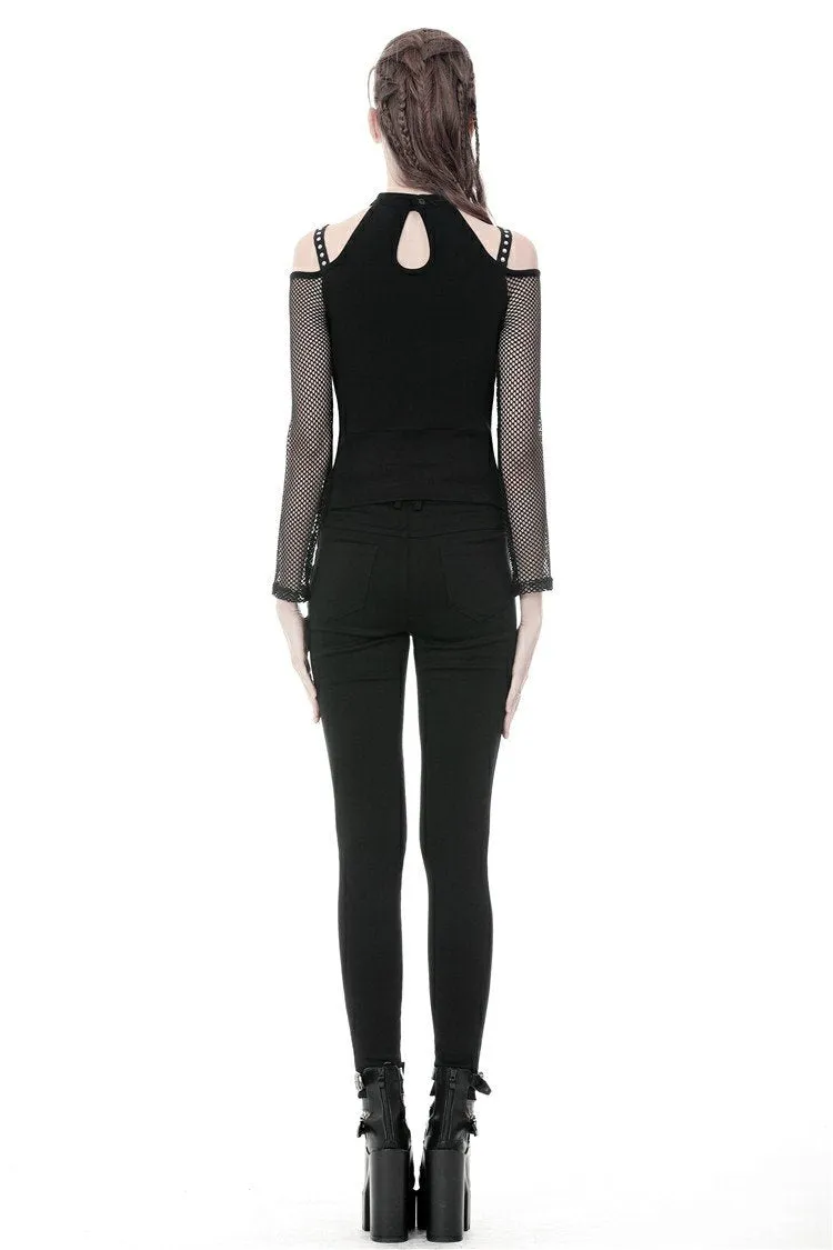 Punk lace-up front off-shoulders T-shirt with net long sleeves TW245