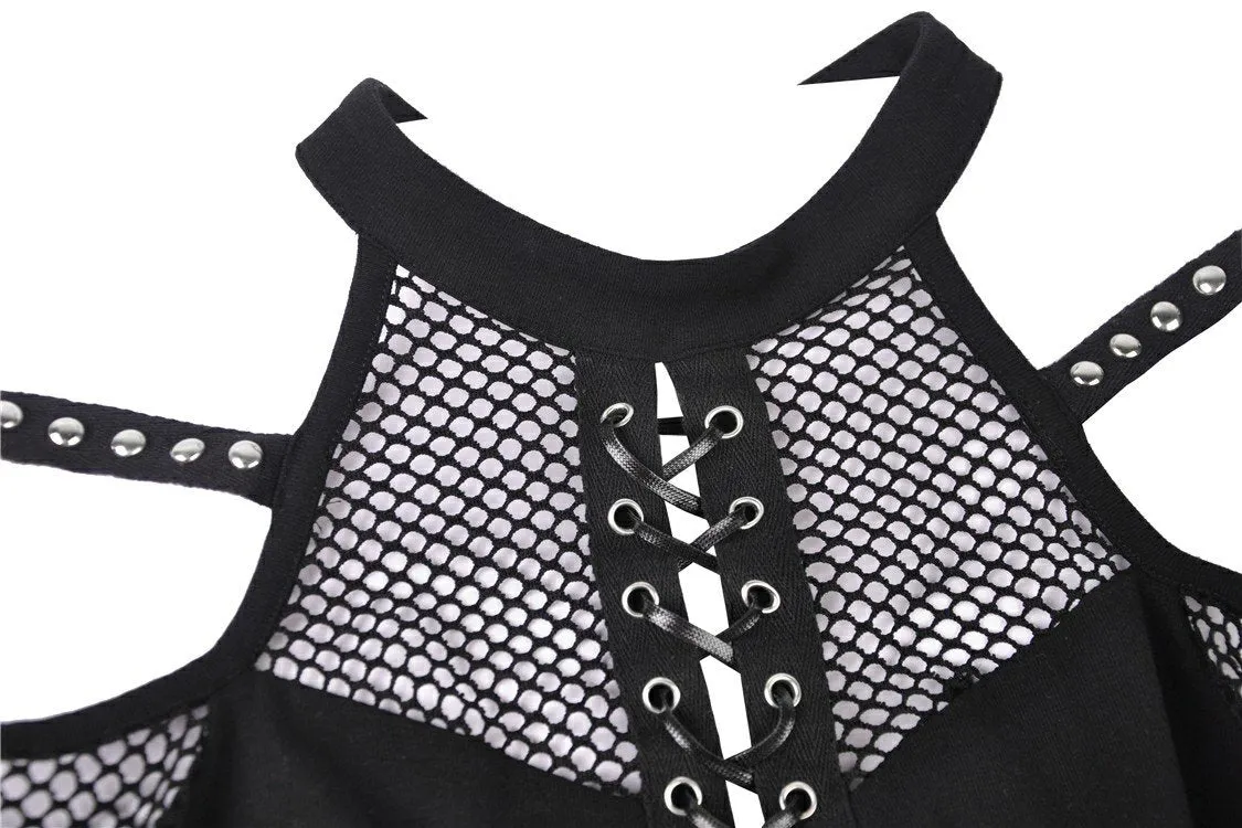 Punk lace-up front off-shoulders T-shirt with net long sleeves TW245