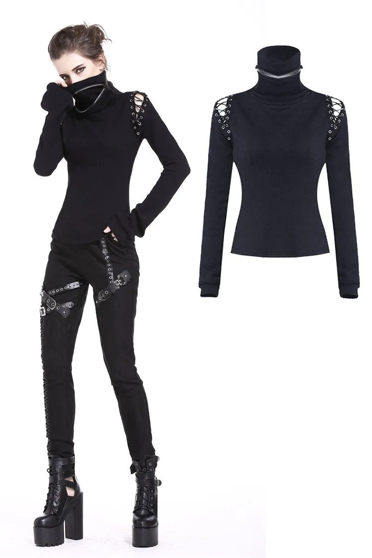 Punk lace-up shoulder vampire collar T-shirt TW178